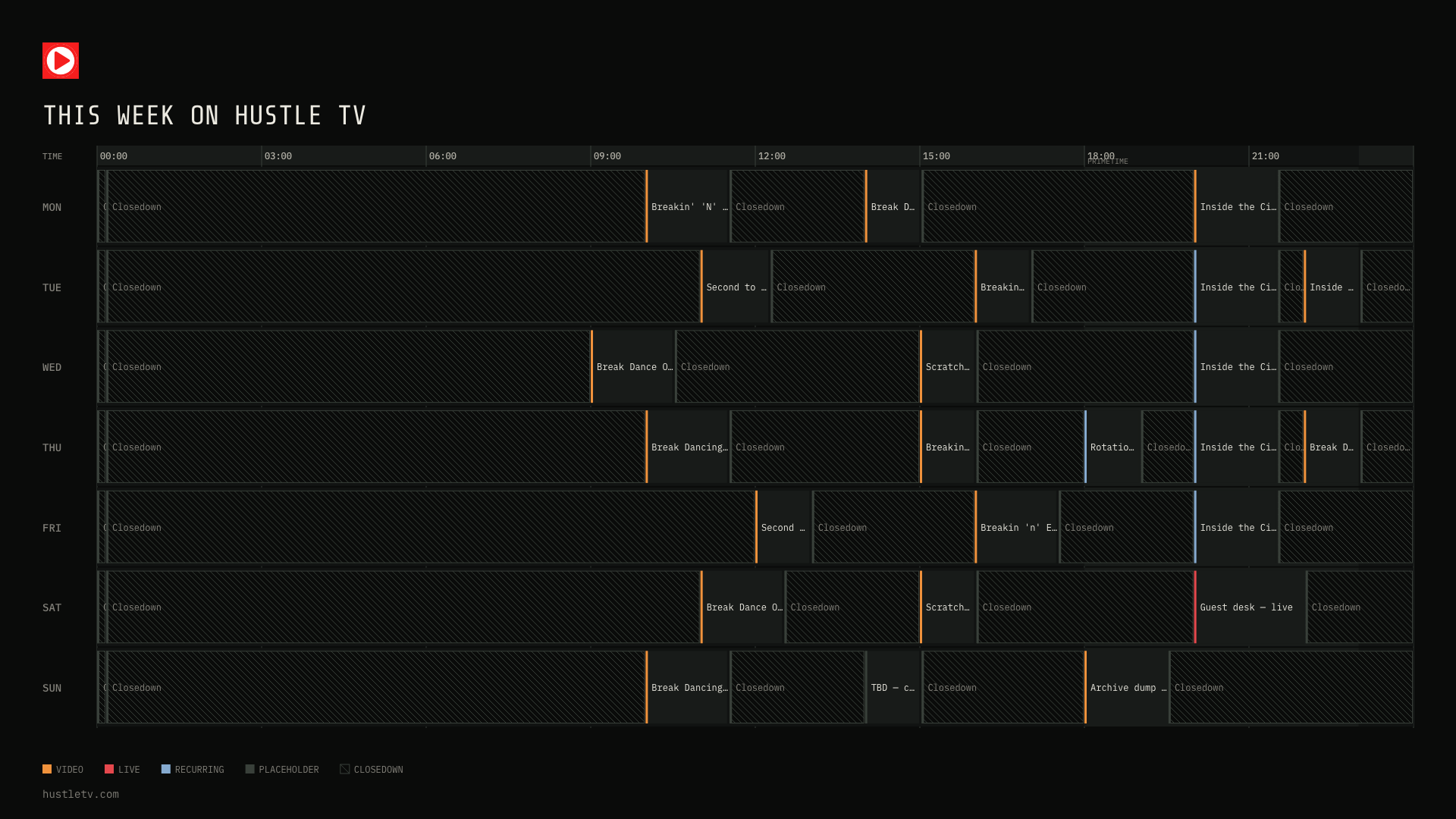 Exported Hustle TV schedule card: this week on the channel