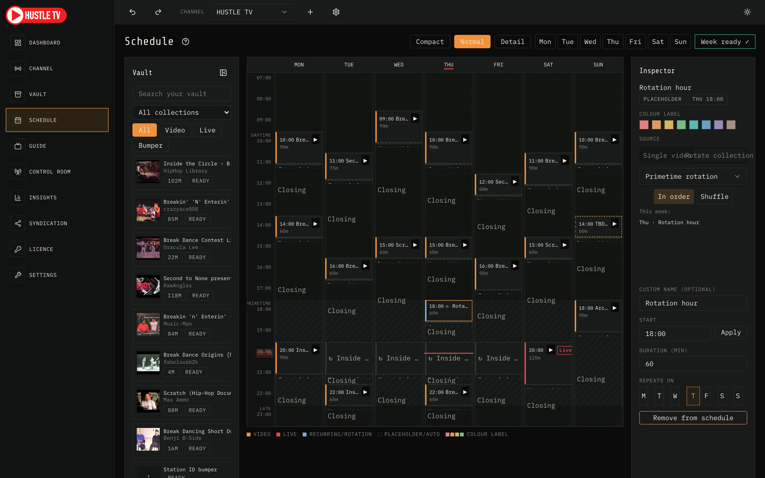 Hustle TV Schedule editor: dayparts, now line, and rotation slot inspector
